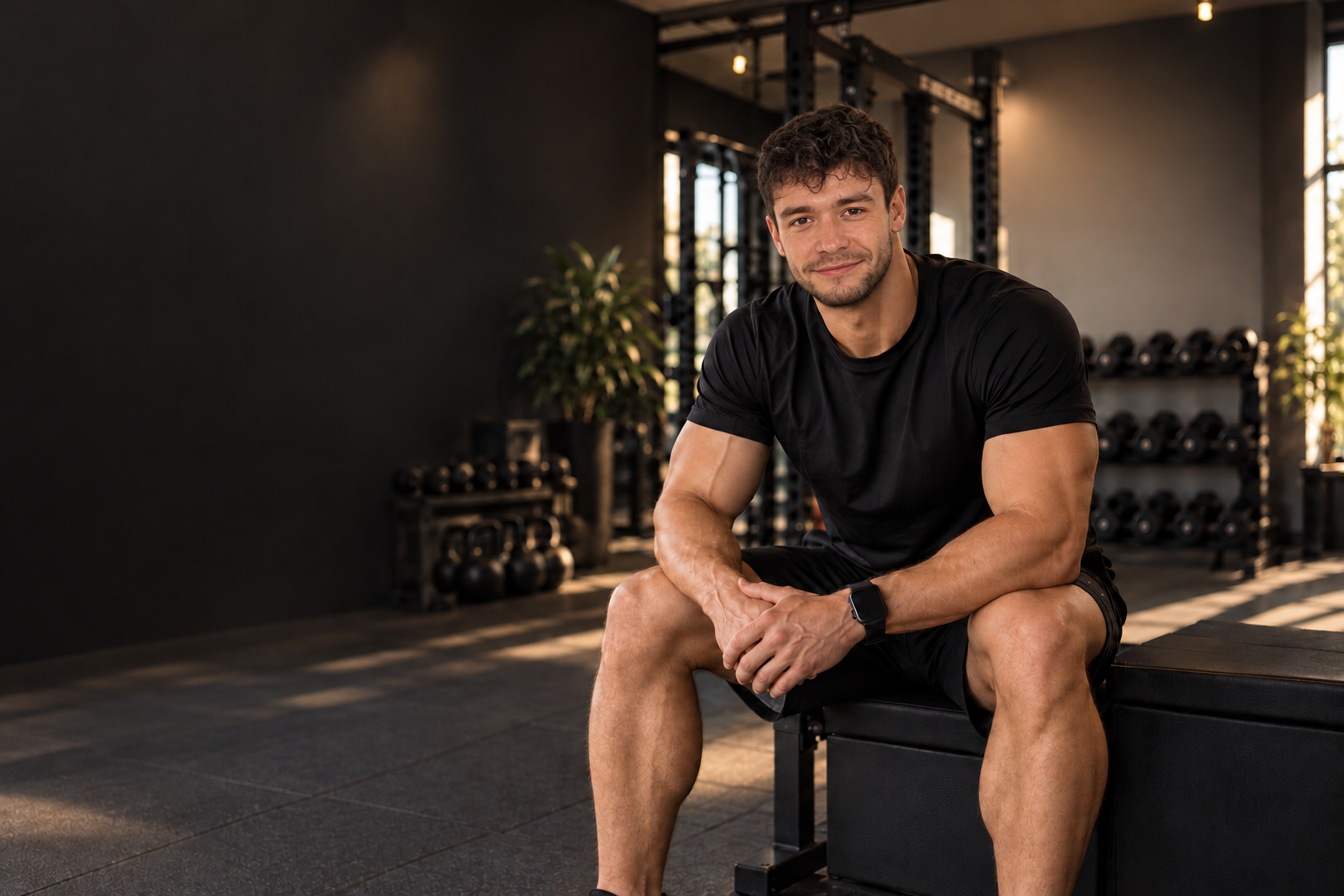 KI-Bildmontage: sitzender Trainer im Fitnessstudio mit dem Gesicht aus der bereitgestellten Fotovorlage
